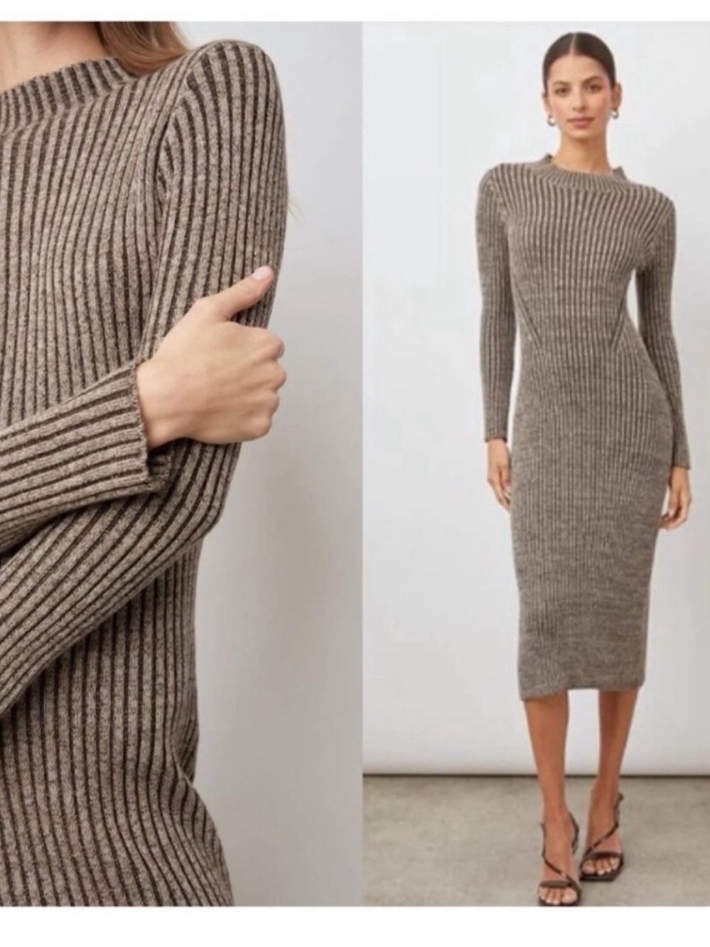 Rails Ribbed Long Sleeve Midi Dress - Taupe and Brown